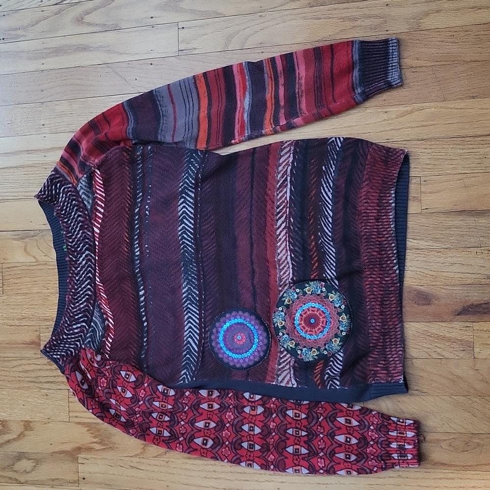 Desigual sweater size medium. Black with red and grey. Blue sequins
